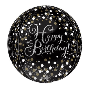 Ballon Orbz - Happy birthday noir, blanc et or